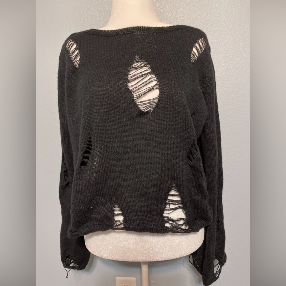 Romwe Black Fairy Distressed Sweater Shredded Open Knit Grunge Sheer Goth XL - Picture 3 of 8